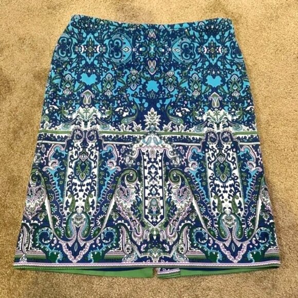 Talbots Pencil Skirt Paisley Print Damask Classic Blue Purple green stretch slit - Picture 2 of 8